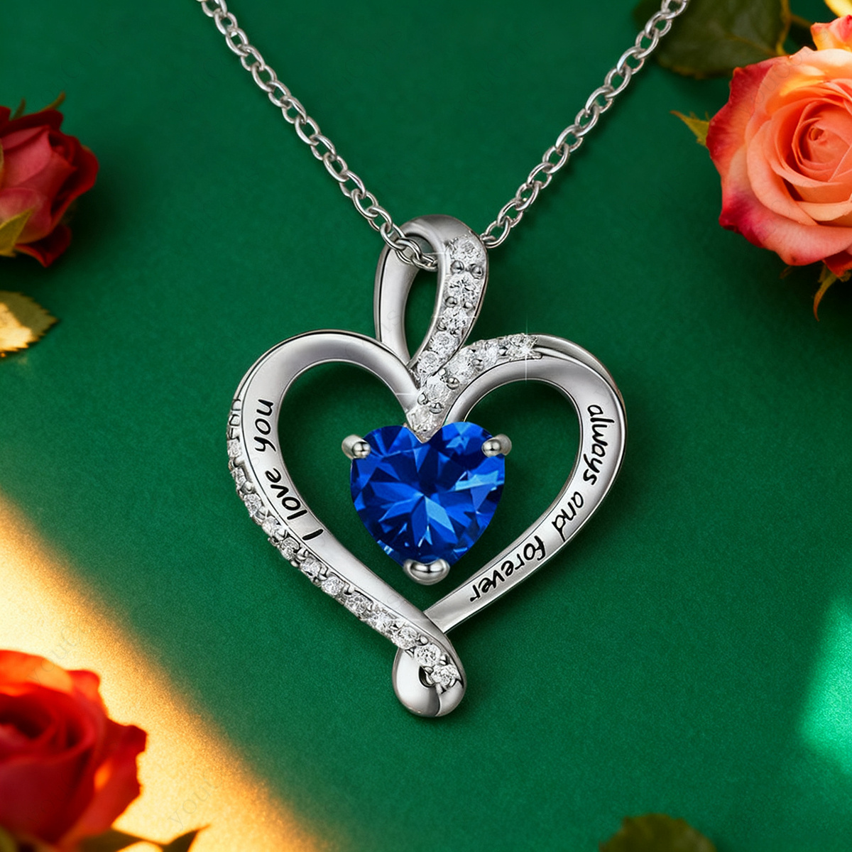Women's Luxury Dark Blue Synthetic Zirconia Heart Pendant Necklace with Gift Box